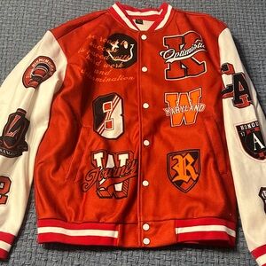 Orange & White Varsity Bomber Jacket with Collegiate Patches
